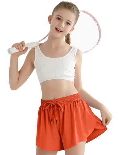 Girls Athletic Butterfly Shorts Orange Flowy Shorts Dance Skorts for Girls with Pocket 2 in 1 Activewear for Bike, Basketball, Soccer Size 8 9