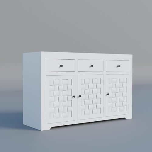 Image of Solid Sheesham Wood Deco White Finish Woven Pattern Chest of Drawer