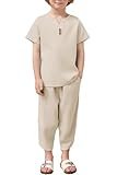 Arshiner Boy's 2 Pieces Cotton Linen Set Henley Shirt Short Sleeve and Harem Capri Pants Wide Leg Baggy Summer Beach Outfits Cream 5-6 Years