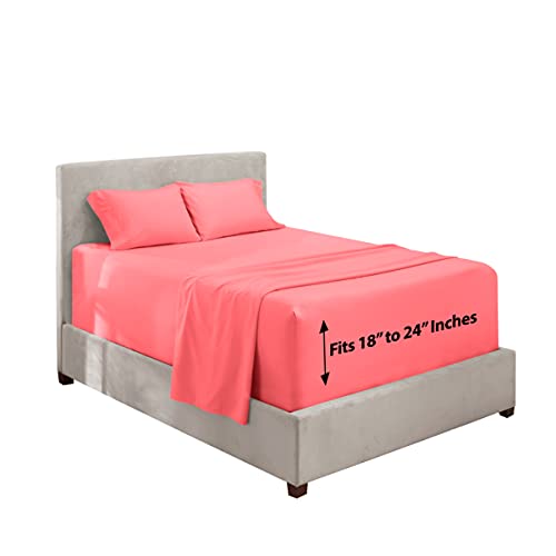 Image of Hearth & Harbor Extra Deep Pocket California King Sheets - 4 Piece Hotel Luxury California King Sheet Set Fits Up to 24 inch Mattress - Ultra Soft Luxury Bed Sheet Set - Cal King, Coral Pink