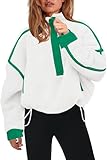 Panadila Womens Half Zip Sherpa Fleece Pullover Soft Oversized Sweatshirt with Pockets Warm Fuzzy Sweater, White Green Combo, Medium