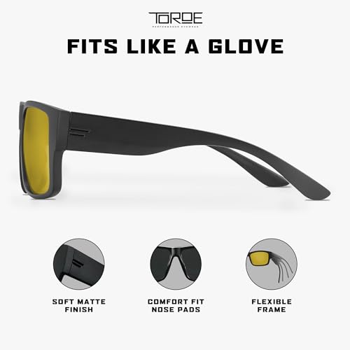 Image of TOROE Matte Black VALLEY Z87+ Polarized TR90 Sunglasses Anti-Glare Polycarbonate ANSI Safety Rated Glasses (Matte Black | Black Emblem | Gold)