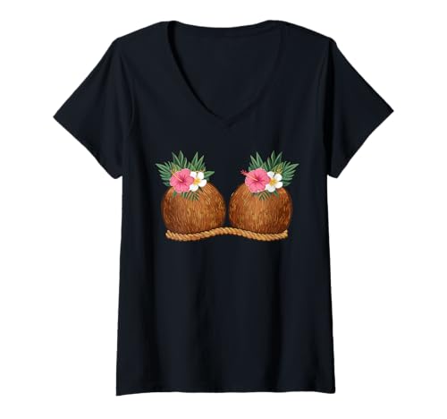 Femme Soutien-Gorge hawaïen en Noix de Coco Funny Coconut Boobs Tiki Luau Hula T-Shirt avec Col en V