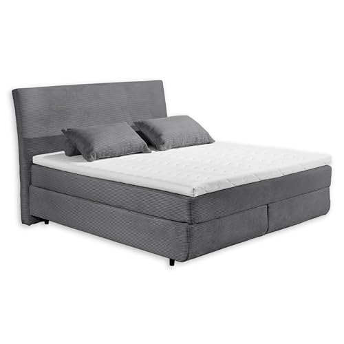 Stella Trading Marbella 6 Boxspringbett 180x200 in Cord-Optik, Ash - Bequemes Doppelbett mit 7-Zonen Federkern Wendematratze & Kaltschaum Topper - 185 x 126 x 216 cm (B/H/T)