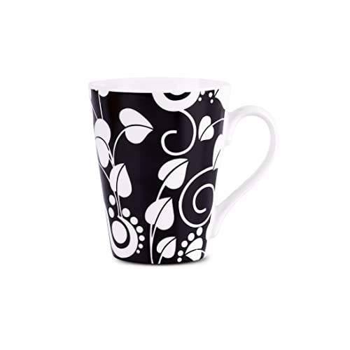 Image of Dandy Lines Conical with Black and White Leaves, Ceramic Coffee Mug Set, Pack of 4, Microwave & Dishwasher Safe, Great for Home Use & Gifting