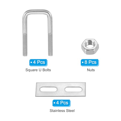 Image of PATIKIL M8x30x60mm Square U-Bolts Kit, 4Set 304 Stainless Steel Square U Shaped Bolts Replacement Parts with Frame Plates and Nuts for Ski Board Sailboat Trailer