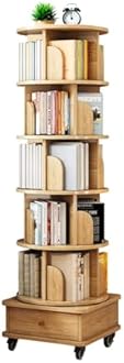 Hanzim 6 Tier Rotating Bookshelf, 360° Display Round Spinning Bookshelf with Wheels and Drawer, Space-Saving, Small Space Rotating Tower for Bedroom, Living Room, Home, Office, Wood Color