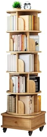 Hanzim 6 Tier Rotating Bookshelf, 360° Display Round Spinning Bookshelf with Wheels and Drawer, Space-Saving, Small Space Rotating Tower for Bedroom, Living Room, Home, Office, Wood Color