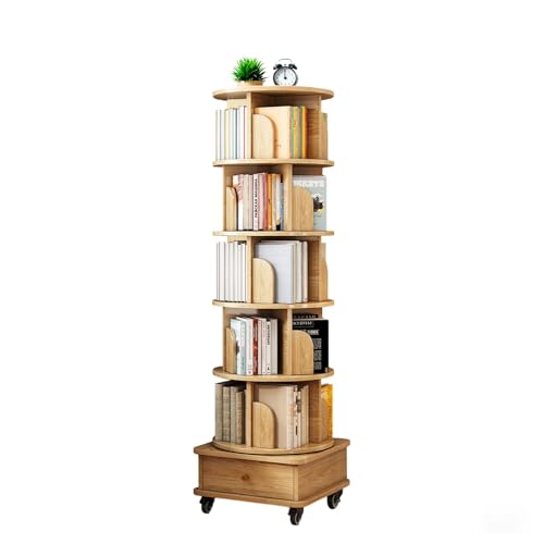 Hanzim 6 Tier Rotating Bookshelf, 360° Display Round Spinning Bookshelf with Wheels and Drawer, Space-Saving, Small Space Rotating Tower for Bedroom, Living Room, Home, Office, Wood Color