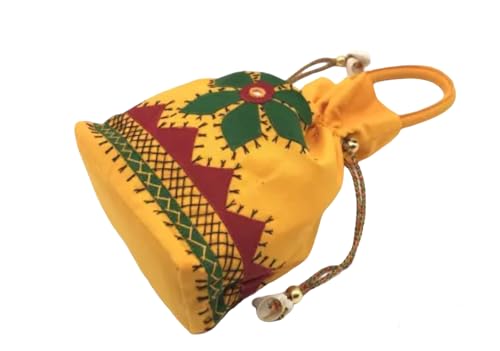 Pochette à cordon jaune brodée à la main, le cadeau artisanal idéal avec clochettes