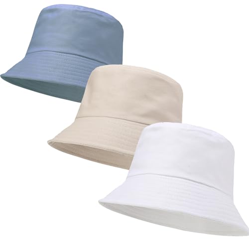 3 Packs Unisex Athletic Bucket Hat Solid Colors Sun Hat with UV Protection for Outdoor Sports Packable Summer Hats 3 White/Beige/Dusty Blue One Size