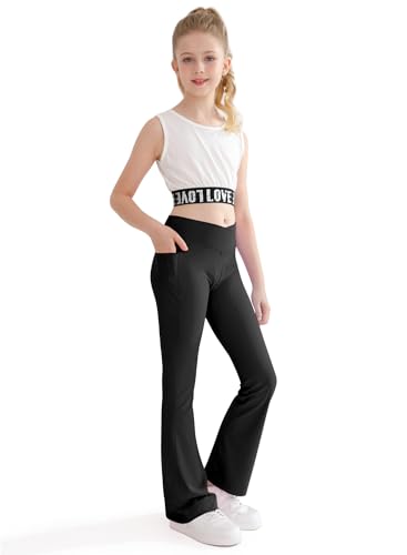 Girls Cross High Waisted Yoga Dance Pants for Kids Bell Bottom Solid Running Leggings Pants with Pockets Black 9-10 Years
