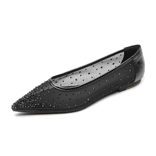 Women Rhinestone Mesh Casual Flats Comfor Breathable Slip On Low Heel Dress Ballet Shoes