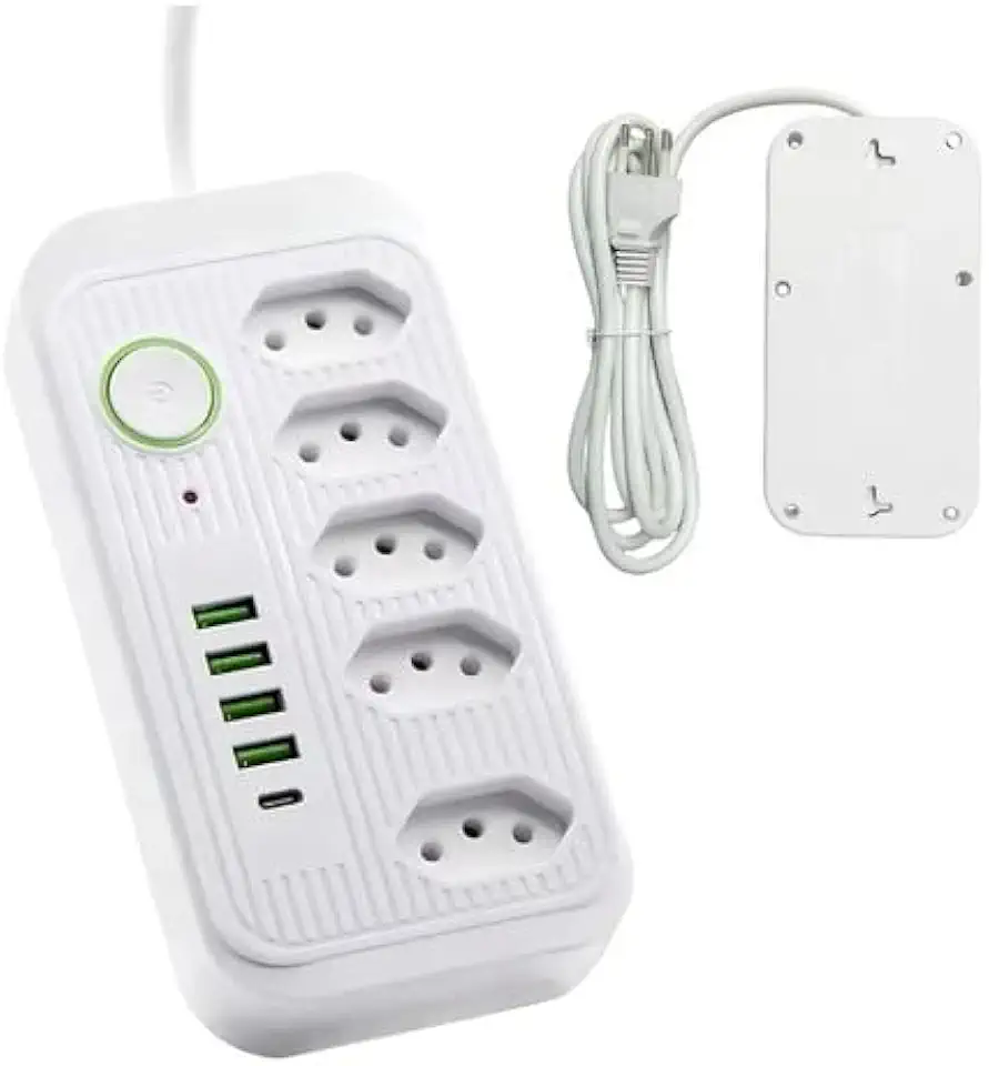 Extensão Filtro de Linha 5 Tomadas Bivolt com 4 USB + 1 USB Tipo-C, 2500W, 10A, Régua de Energia Premium (Branco)