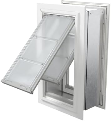 باب Endura Flap مزدوج الغطاء للحيوانات الأليفة للجدران السميكة | تصميم جدار عميق يصل سمكه إلى 13 بوصة | غطاء عازل مزدوج الطبقة وإطار ألومنيوم متين | يتضمن غطاء قفل | أبيض، متوسط، غطاء مزدوج