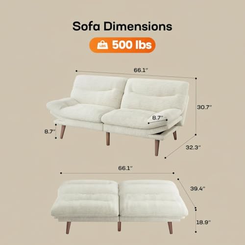 Image of AMADA 66 inchConvertible Futon Sofa Bed, Corduroy Folding Futon Set with Adjustable Backrest &Armrests, Recliner Lounge for Living Room, Apartment or Office, Solid Wood Frame, Loveseat Sofa - Beige White