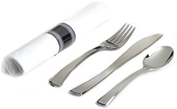 Miniatura 2 de 200 elegantes juegos de cubiertos de plástico desechables preenvoltura, cuchara plateada, tenedor, cuchillo de papel de calidad de lino blanco,