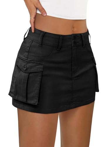 LILLUSORY Women Mini Skirt Skort Denim Jean 2026 Spring Summer y2k Cute Clothes Going Out Club Concert Outfit Western Cowgirls Trendy Fashion Sexy Short Teen Girls Cargo Black M