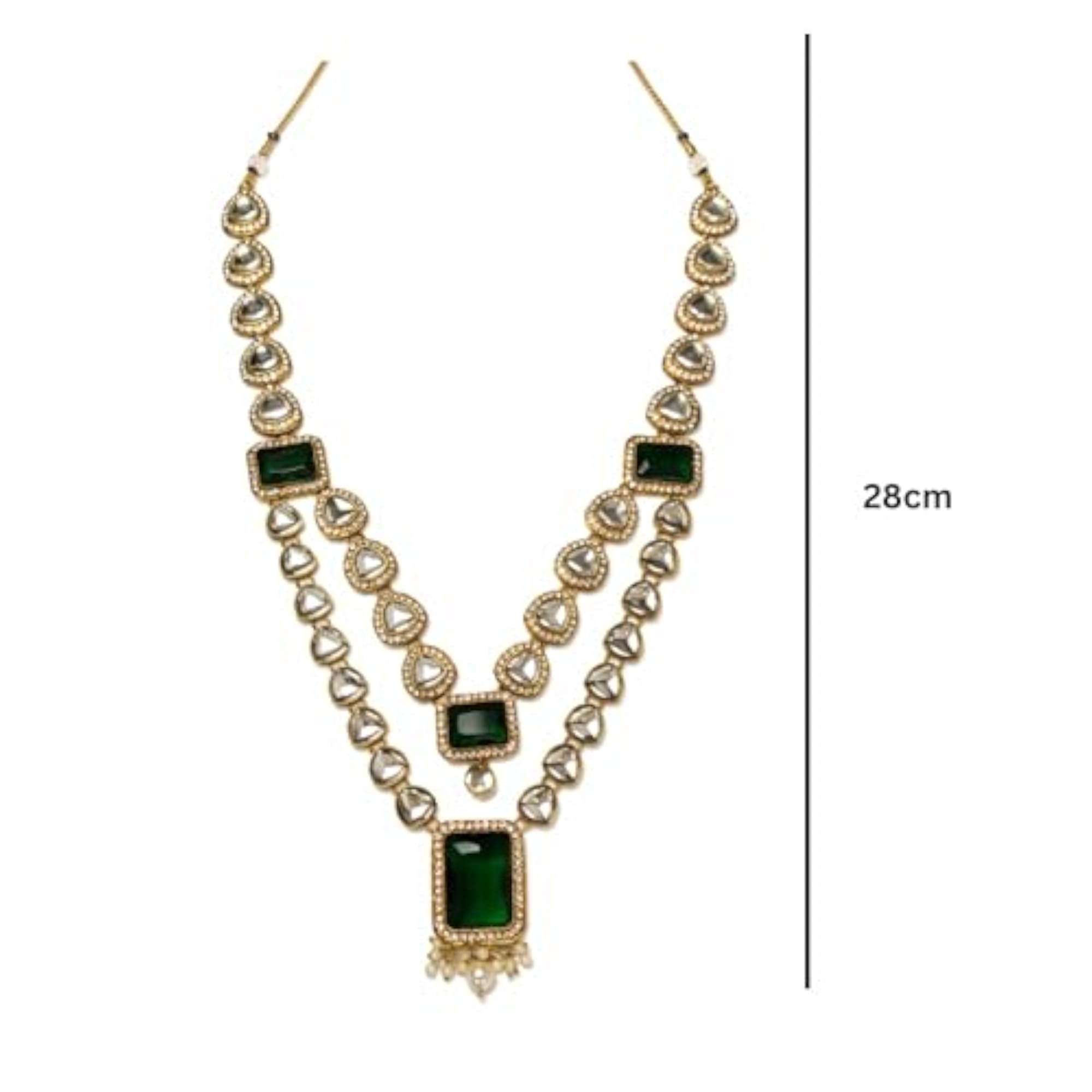 2 Layered Traditional Kundan Studded Green Stone Mala Necklace