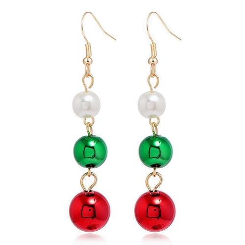 XIUQILAI Christmas Earrings for Women, Pearl Red Green Christmas Long Chain Dangle Earrings, Fish Hook Dangling Hanging Hypoallergenic Christmas Festival Party Jewelry Gift