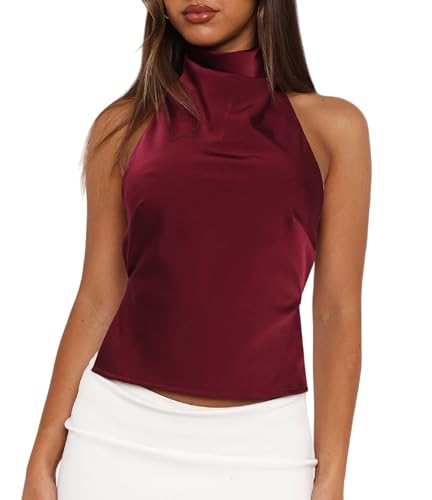 Image of Women Silk Halter Neck Top Open Back Satin Vest Shirt Sleeveless Crop Backless Tank Going Out Tops(Basic Red,M)