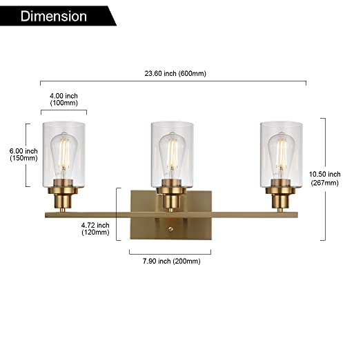MELUCEE 3 Lights Sconces Wall Lighting Brushed Brass Contemporary Bathroom Vanity Light Fixtures Wall Lights Bedroom Porch Living Room Kitchen with Clear Glass Shade