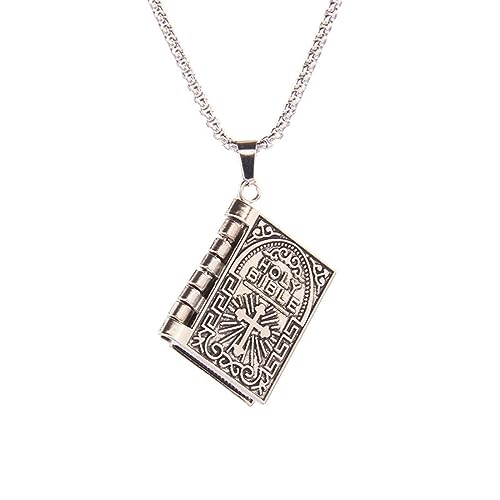 Holy Bible Book Pendant Necklace for Men Women Stainless Steel Hypoallergenic Retro Scripture Miniature Readable Bible Openable Prayer Verse Adjustable Chain Necklace for Religious Christian Jewelry Gifts
