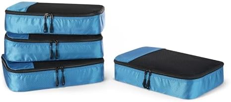 Amazon Essentials 4-Piece Packing Cubes Travel Accessories Set, Luggage Organizer with Double Zipper, Mesh Top, 100% Polyester, Medium, Sky Blue (Previously Amazon Basics)