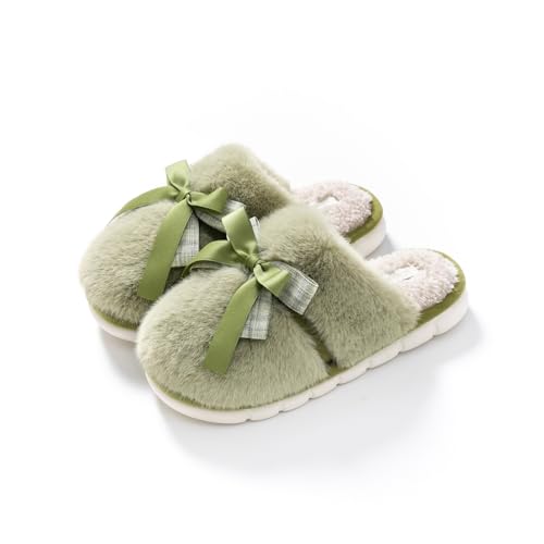 Image of AQURIZE Cute Bow Slippers for Women, Fluffy House Shoes, Winter Plush Warm Home Bedroom Slippers Indoor Outdoor(Green，40-41)