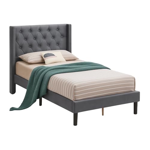 Image of Wooden Upholstered Bed Single Size Without Storage | Wrought Iron Single Size Cot with Headboard | Upholstered Bed for Bedroom | Palang Furniture for Living Room, Grey Finish-1 (75x48)