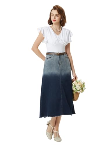 Belle Poque Women Stretchy Bodycon High Waisted Jean Skirt Jeans A-Line Skirt Raw Hem Skirt Long Jeans Skirt Elegant Skirt Gradient Dark Blue M BP0918S24-05