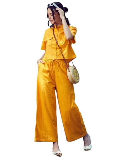 Mustard Schiffli Crop Shirt With Wide Leg Pants