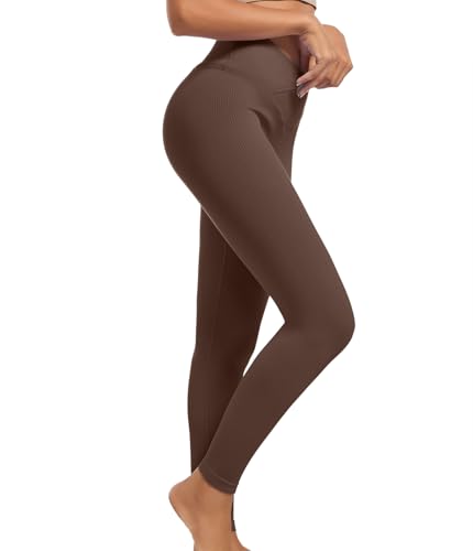 YOAKUKA Yoga Ribbed Leggings for Women High Waisted Tummy Control Seamless Butt Lifting Crossover Workout Gym Athletic Pants, Coffee, M - Image 6