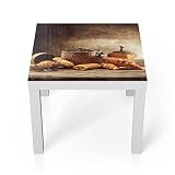 DEQORI Tavolino in vetro, bianco, piccolo, 55 x 55 cm, motivo colazione francese, insolito, tavolino in vetro lucido, tavolino da salotto moderno con design