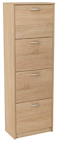 MATKAM Schuhschrank 4S, in Schlichter Optik, B 50 x H 152 x T 28 cm, laminierte Möbelplatte 16 mm, mit Rückwand, 4 ausklappbare Schuhablagen (Sonoma Eiche)
