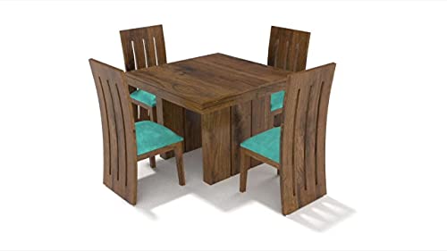 Image of Custom Decor Sheesham Wood 4 Seater Dining Table Set with Cream Cushioned Chairs for Home (Teak) 4 Seater White Sky Blue