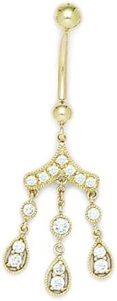 14k Yellow Gold CZ Cubic Zirconia Simulated Diamond 14 Gauge Dangling Drops Body Jewelry Belly Ring Measures 44x17mm Jewelry Gifts for Women