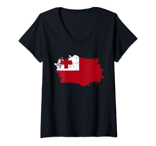 Womens Tonga Flag Design Grunge Country Flag Tonga V-Neck T-Shirt
