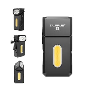 klarus E8 EDC Wiederaufladbare Taschenlampe, 1000 Lumen helles Dreifach-Lichtsystem, 180° schwenkbarer Kopf, kompaktes Ganzmetall-Design mit Magnet und Taschenclip, IPX6 wasserdichte Arbeitsleuchte
