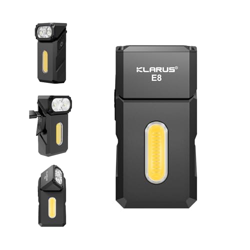 klarus E8 EDC Wiederaufladbare Taschenlampe 1000 Lumen helles Dreifach-Lichtsystem 180 schwenkbarer Kopf kompaktes Ganzmetall-Design mit Magnet und Taschenclip IPX6 wasserdichte Arbeitsleuchte