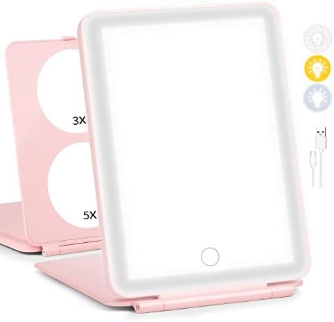 Tkaufen Travel Size LED Makeup Mirror, 21Hours Battery Life, 5X/3X/1X Magnifying Compact Hand Held Portable Foldable Makeup Cosmetic Mirror, 3 Color (Pink, 2 Fold)