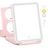 Tkaufen Travel Size LED Makeup Mirror, 21Hours Battery Life, 5X/3X/1X Magnifying Compact Hand Held P