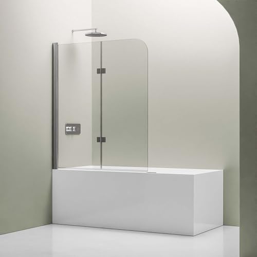 BERNSTEIN - Pare-baignoire 120x140cm Panneau Vitre de Bain 2 Volets Pliables Verre Anti-Calcaire ESG 6mm Pivotant 180°, Profilé Chrome - NT209