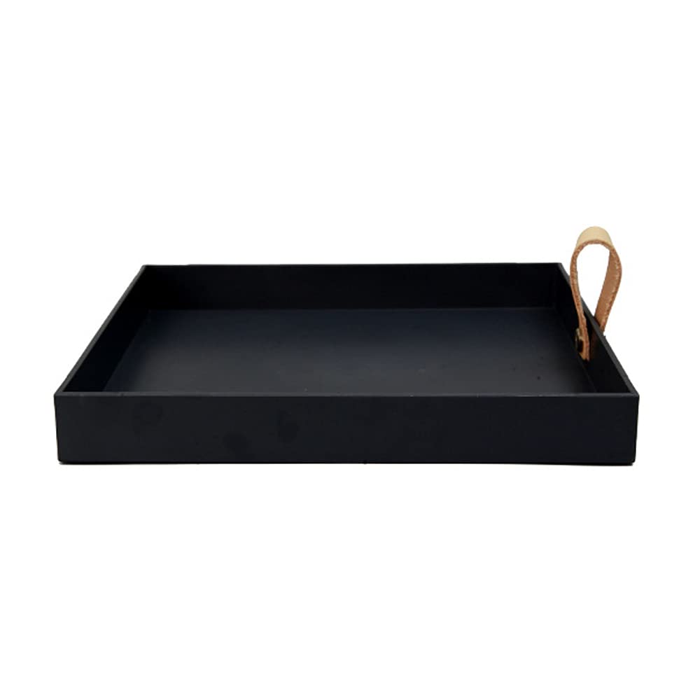 CTRLZS Square PU Leather Serving Tray Decorative Dish Cosmetics Sundries Desktop Storage Plate with Handle(Black)