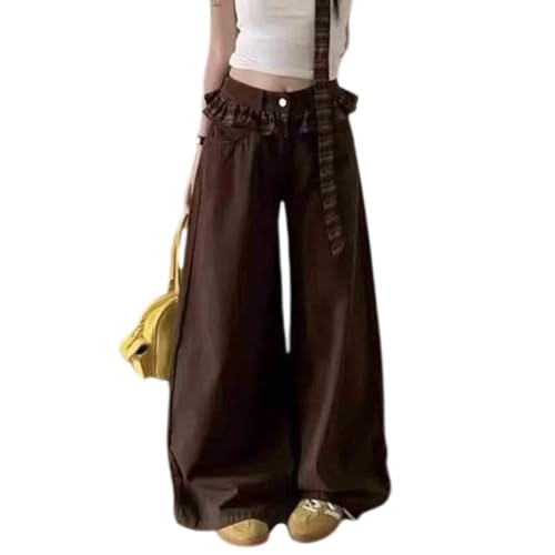 Women's Checkered lace high Waisted Wide Leg Jeans, Loose and Casual Floor Length Straight Leg Pants