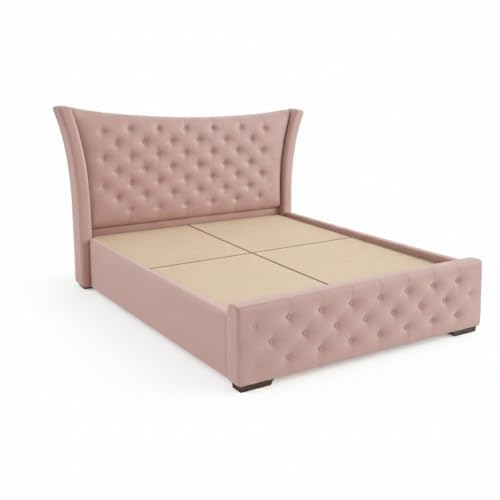 Image of Luxury King Size Upholstered Storage Bed with Diamond Tufted Padded Headboard | Premium Velvet Fabric Platform Bed Frame | Solid Wood Structure | Modern Bedroom Furniture | Pink
