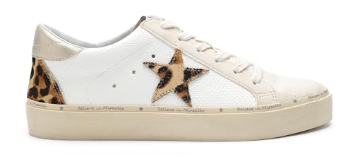 Image of Mi.iM Gaby Rubber Sole Lace-up Snake Print Suede Star Sneakers (Beige (Leopard Star), US Footwear Size System, Adult, Women, Numeric, Medium, 9)