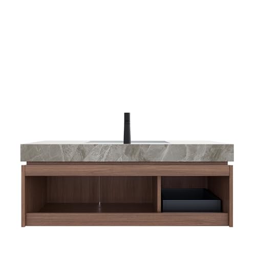 Image of 48 Inch Floating Bathroom Vanity with Sink, Modern Wall Mounted Bathroom Storage Vanity Cabinet with Sintered Stone Countertop, Brown Oak