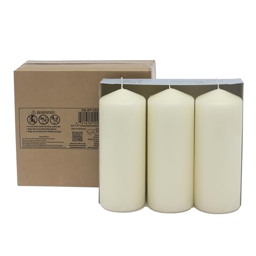 Image of Stonebriar Unscented Pillar Candles - 80 Hour Burn Time, Long-Lasting Wax Candles for Weddings, Holidays, Home Decor & Special Events, Pack of 3, Ivory, 3 inch x 8 inch