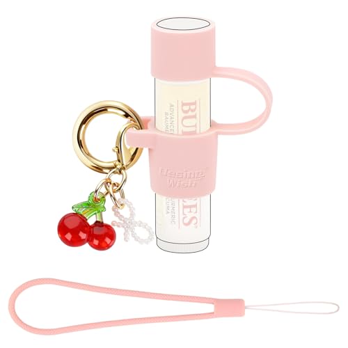 Desing Wish Silicone Chapstick Holder Key Chain with Cute Cherry Keychain Bag Charm Portable Lip Balm Holder Sleeve Chapstick Keychain Holder with Wrist Strap Lanyard - Pink